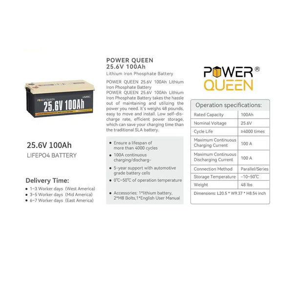 Λεπτομερειες Μπαταρία Λιθίου Power Queen Life Premium LiFePO4 25.6V 100Ah.