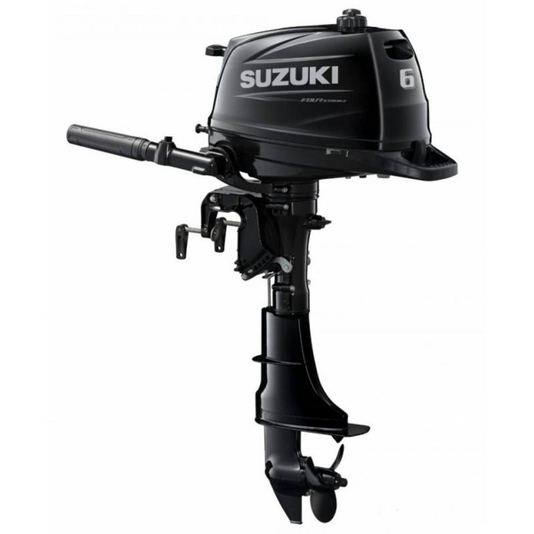 Τετράχρονη εξωλέμβια μηχανή Suzuki DF6A σε μαύρο χρώμα Nebular Black, πλάγια προβολή.