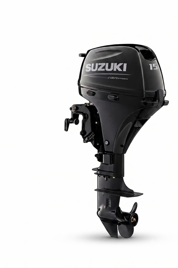 Τετράχρονη εξωλέμβια μηχανή Suzuki DF15ARS με ηλεκτρική μίζα και πλευρικό χειριστήριο, κοντόλαιμη.