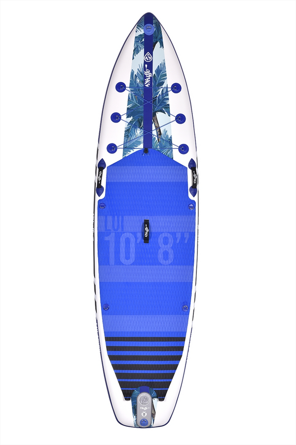 Μπροστινή όψη της φουσκωτής σανίδας SUP Skiffo Lui 10'8" με τον μπλε τροπικό σχεδιασμό.