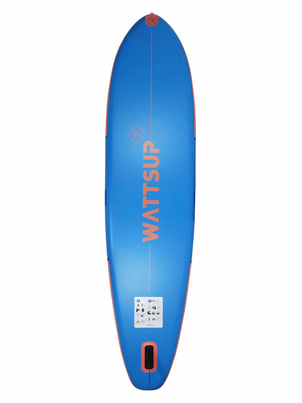 Πίσω και κάτω όψη της σανίδας SUP Wattsup Espadon 11'8" όπου φαίνεται η γάστρα και το κεντρικό αποσπώμενο πτερύγιο.