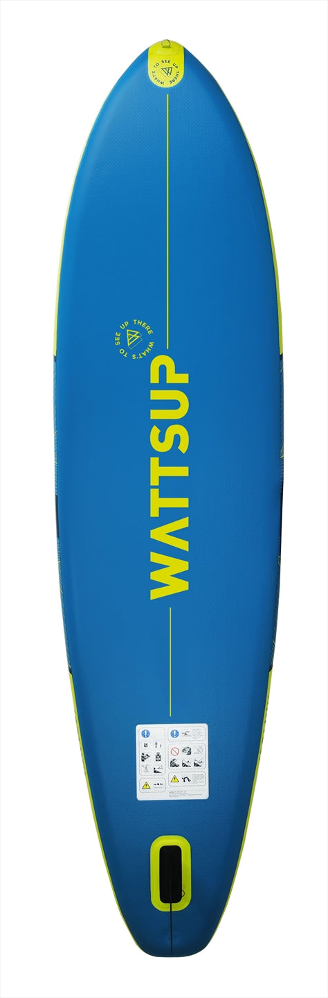 Πίσω και κάτω όψη της σανίδας SUP Wattsup Sar 10'8" όπου φαίνεται η γάστρα και η υποδοχή για το αποσπώμενο κεντρικό πτερύγιο.